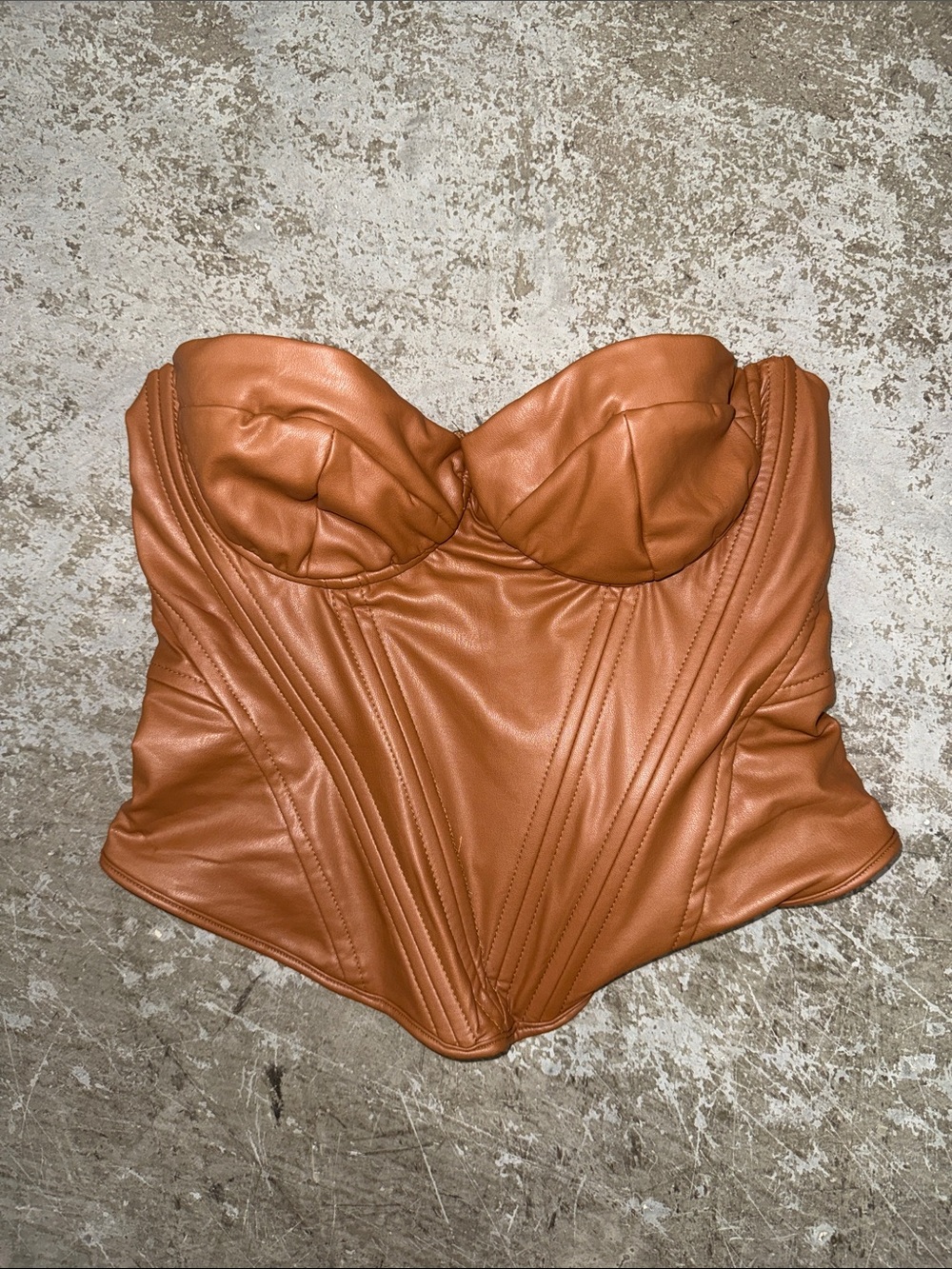 Faux Leather Strapless Corset Top in Cognac